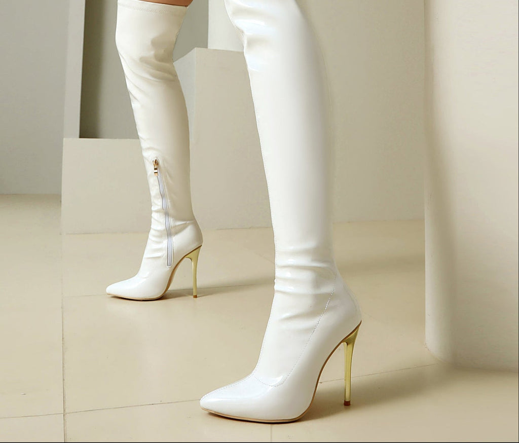 Women's Patent Leather Over-the-Knee Stiletto Boots | Pointed Toe Side Zipper