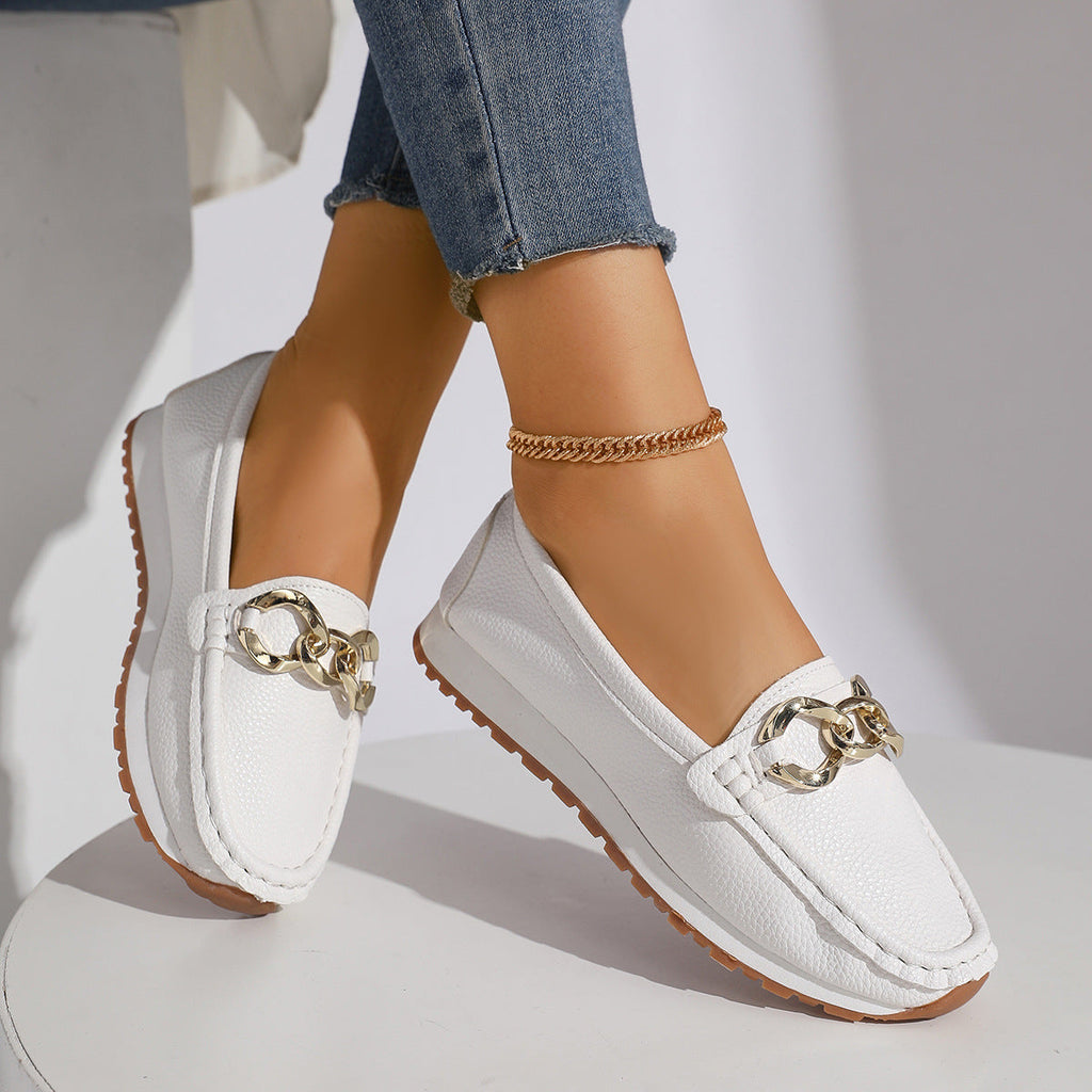 Women's Metal Buckle Slip-On Loafers - Casual Suede Leather Comfort Shoes