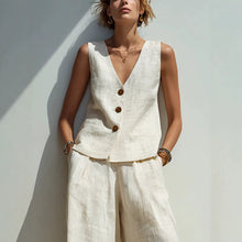Load image into Gallery viewer, Linen Blend V-Neck Buttoned Vest &amp; High-Waist Wide-Leg Pants Set – 5 Colors S–3XL