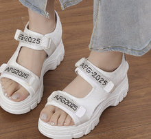 Load image into Gallery viewer, Women's Rhinestone Lettered Wedge Heel Sandals – Velcro Casual Platform Sandals in White &amp; Black