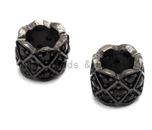 Load image into Gallery viewer, Black CZ Pave On Black Triple Layers Big Large Hole Cylinder Beads, Cubic Zirconia Black Color Cylinder Space Beads, 8x6mm, SKU#C92