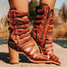 Load image into Gallery viewer, Women's Retro Stiletto Strap Cutout Sandals | High Heel Buckle Ankle Strap PU Leather