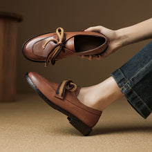 Load image into Gallery viewer, Women's Leather Bow Pumps | Retro Round Toe Chunky Low Heel Loafer Shoes
