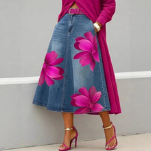 Load image into Gallery viewer, Women's Floral Print A-Line Midi Skirt – Denim-Style Boho Skirt