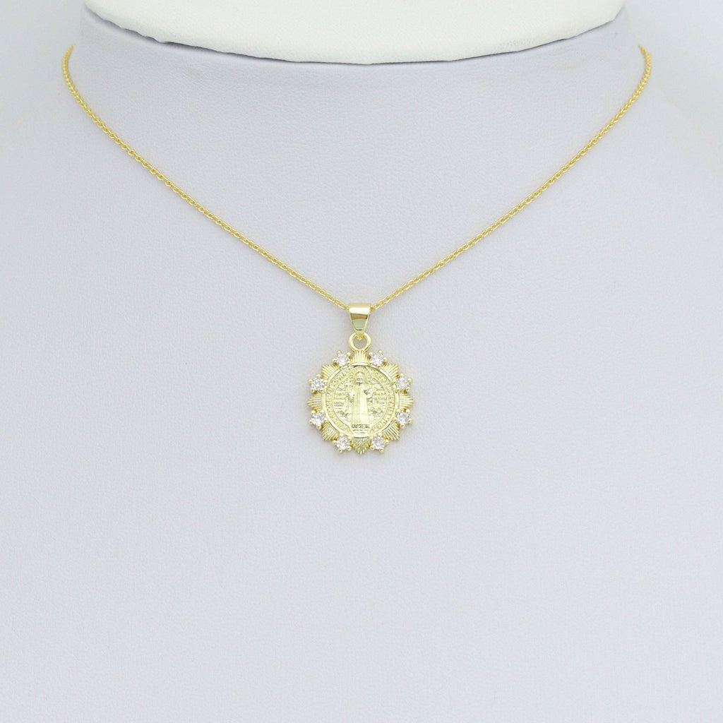 CZ Gold Saint Flower Coin Charm Pendant, Sku#LK1184