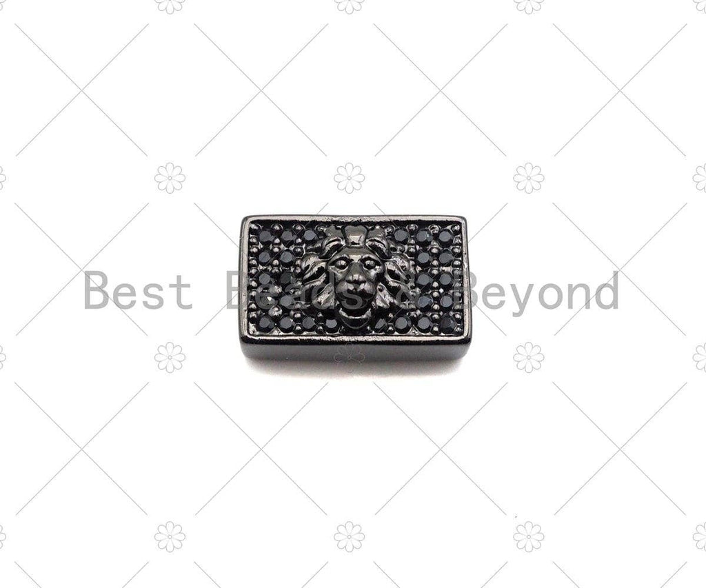 Black CZ Large Hole Embossment Lion Head Spacer Pave Beads, Cubic Zirconia Cuboid Spacer Beads, Men's Bracelet Findings,13x8mm, SKU#LD10