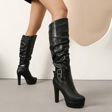 Load image into Gallery viewer, Women's Black Chunky Heel Over-the-Knee Boots - Waterproof Platform High Boots with Side Zipper