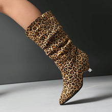 Load image into Gallery viewer, Women's Leopard Print Stiletto Heel Ankle Boots – Pointed Toe, Suede Upper, Turned-Over Cuffs