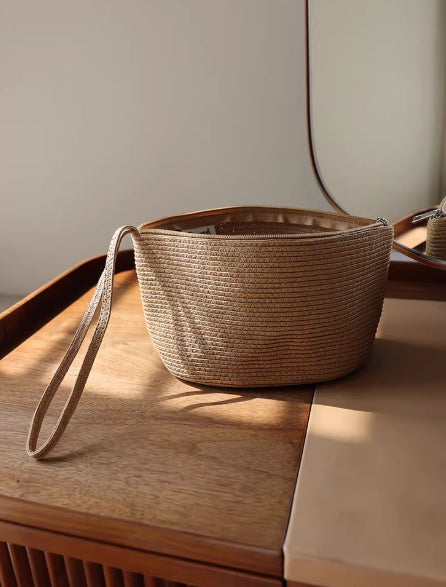 Women's Straw Woven Cosmetic Bag – Portable Summer Solid-Color Storage Pouch