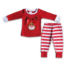 Load image into Gallery viewer, Red reindeer applique cotton girls Christmas pjs