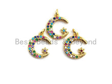 Load image into Gallery viewer, CZ Colorful Micro Pave Moon With Star Pendant, Moon Star Shaped Pave Pendant, Gold plated, 12x14mm, Sku#F756