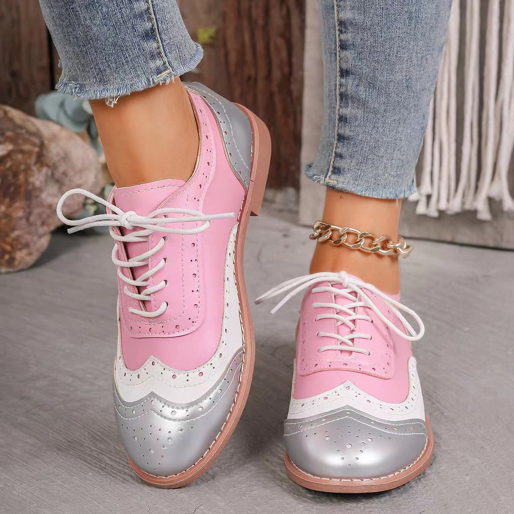 Women's Color-Block Lace-Up Flats Round Toe Casual Shoes – Plus Sizes
