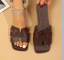 Load image into Gallery viewer, Women's Square Toe Flat Sandals | Hollow Cutout Slides PU Snakeskin