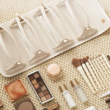 Load image into Gallery viewer, Women's Foldable Travel Cosmetic Bag – Large Capacity Waterproof PU Leather Makeup Organizer with Handle | Beige &amp; Brown