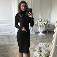 Load image into Gallery viewer, Solid Color Basic Women Clothing Autumn Casual Midi Dress Slim Fit Long Sleeved Turtleneck Dress