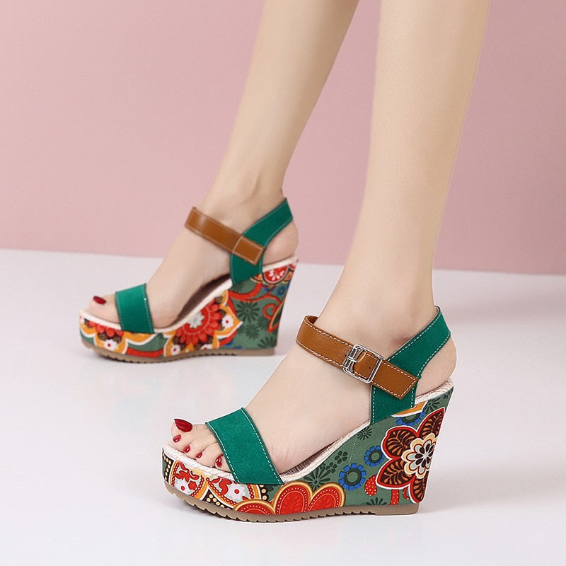 Women's Floral Embroidered Wedge Sandals | Buckle Platform Open-Toe Summer Heels