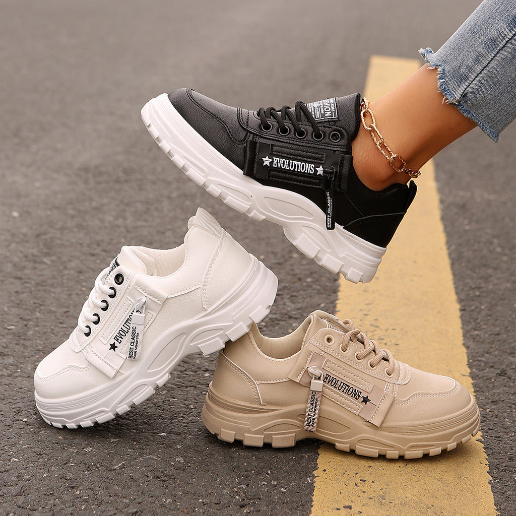 Women's Lace-Up Sneakers with Side Zipper | Thick Sole Round Toe Casual Sports Shoes