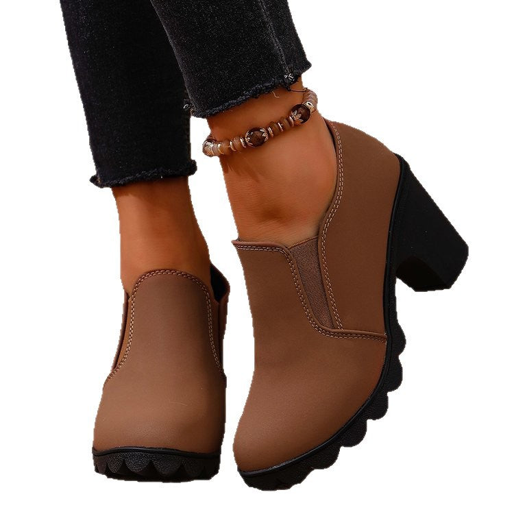 Women's Chunky Heel Mid-Calf Boots - Round Toe Suede Shoes with Rubber Sole