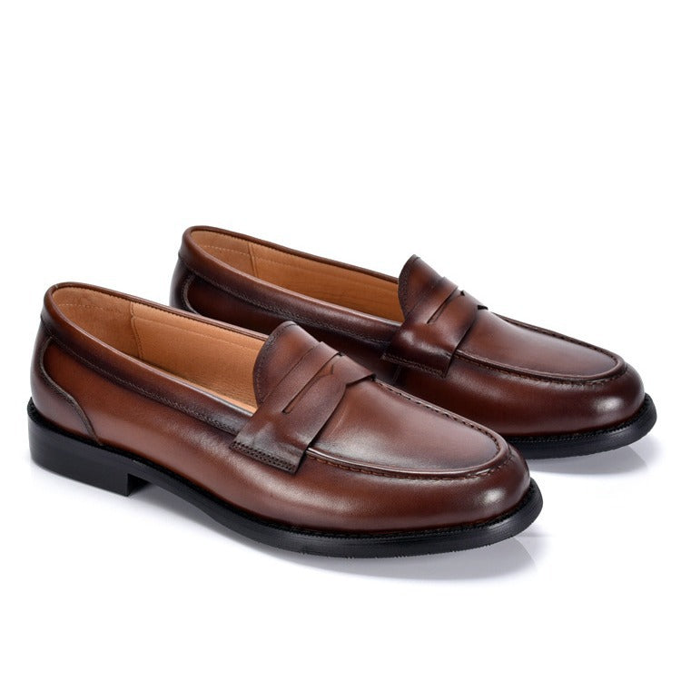 Men's British-Style Vintage Slip-On Loafers – Genuine Cowhide Leather, Round Toe, Low Wedge Heel