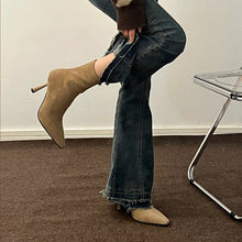 Load image into Gallery viewer, Women's Suede Mid-Calf High Heel Boots - Pointed Toe Stretch Boots with Side Zipper