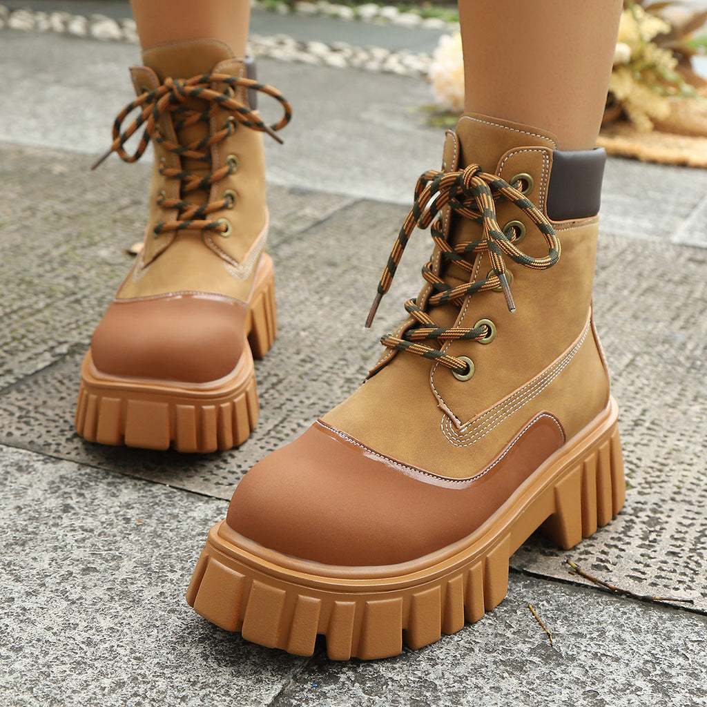 Women's Chunky Heel Vintage Ankle Boots – Plus Size Lace-Up Block Heel Booties