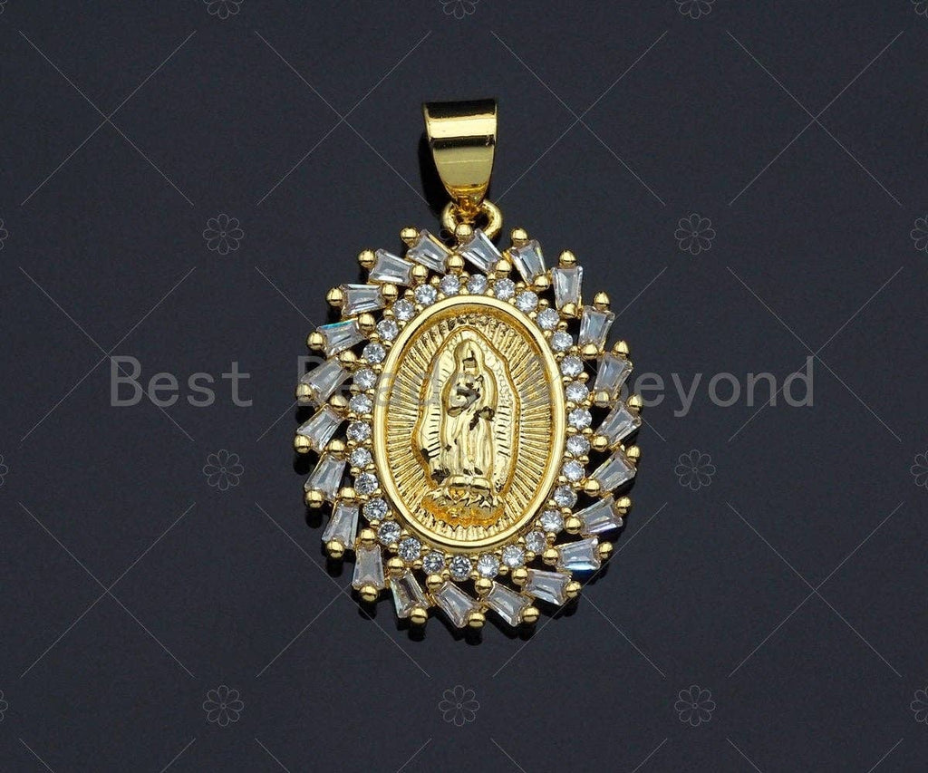 18K Gold Virgin Mary On Oval Emblem Shape Pendant, Oval Char