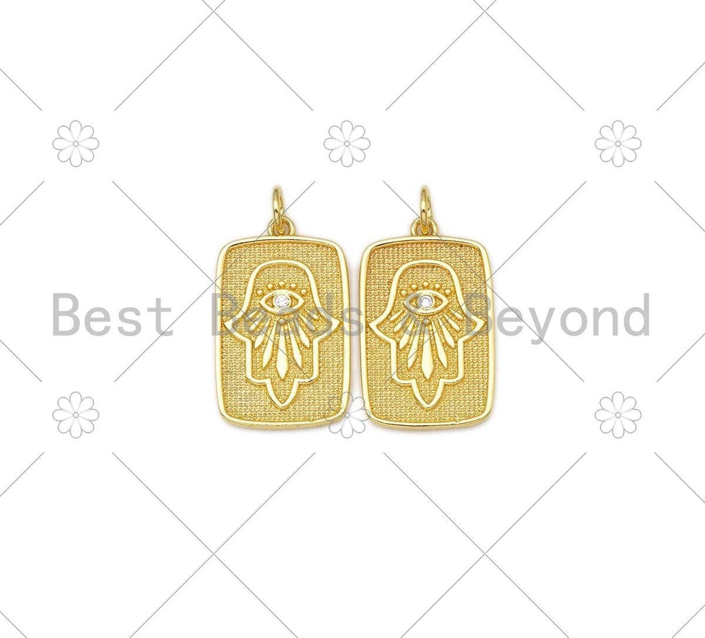 CZ Micro Pave Evil Eye Hamsa Hand On Rectangle Shape Pendant