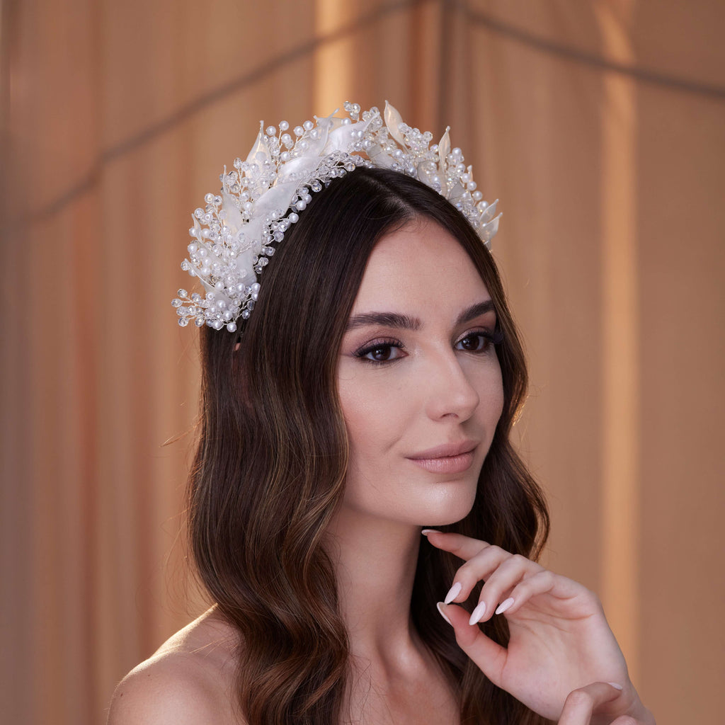Crystal Pearl  Hair Band with Resin Leaves