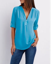 Load image into Gallery viewer, Women's Short-Sleeve Zip V-Neck Loose Top