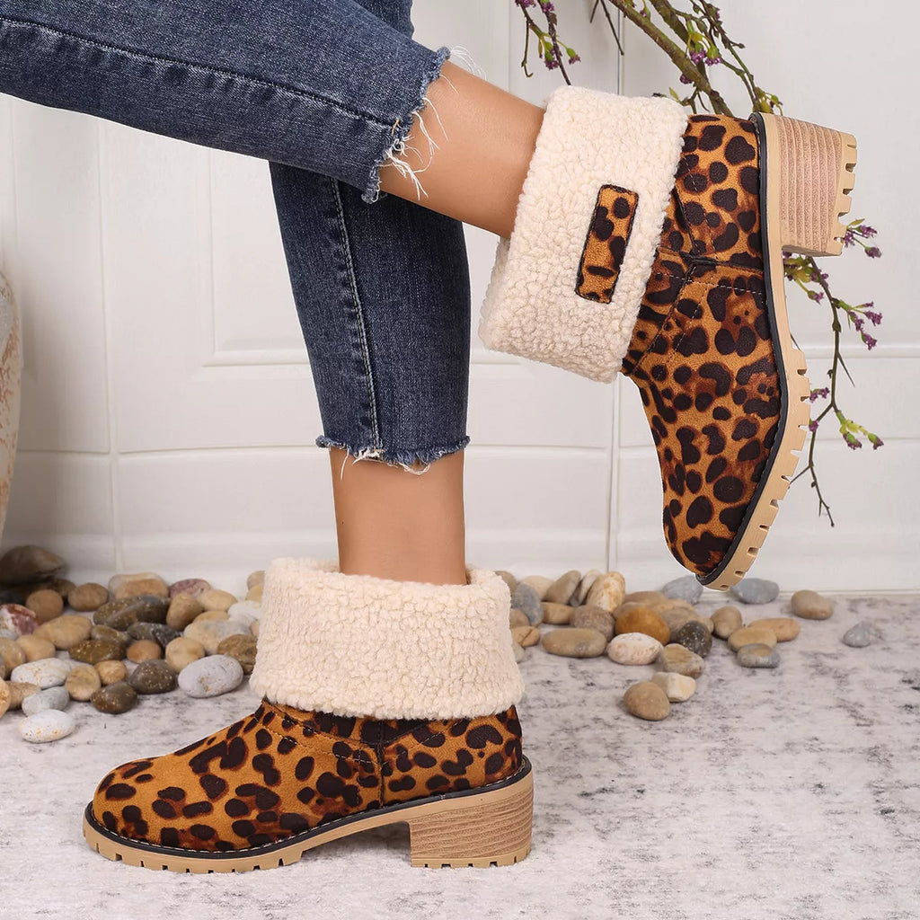Women's Leopard Print Plush Lined Boots | Mid Heel Slip-On Suede Boots with Warm Faux Fur Lining