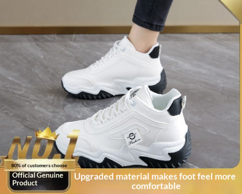 Korean Style Women's Casual High-Top Dad Shoes | Lace-Up Synthetic Leather Sneakers
