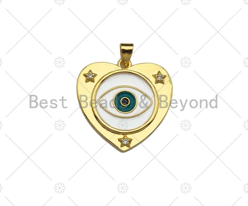 CZ Micro Pave Enamel Evil Eye On Heart Shape Pendant/Charm,Cubic Zirconia Star Charm, Necklace Bracelet Charm Pendant,25x25mm, Sku#LK217