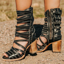 Load image into Gallery viewer, Women's Retro Stiletto Strap Cutout Sandals | High Heel Buckle Ankle Strap PU Leather