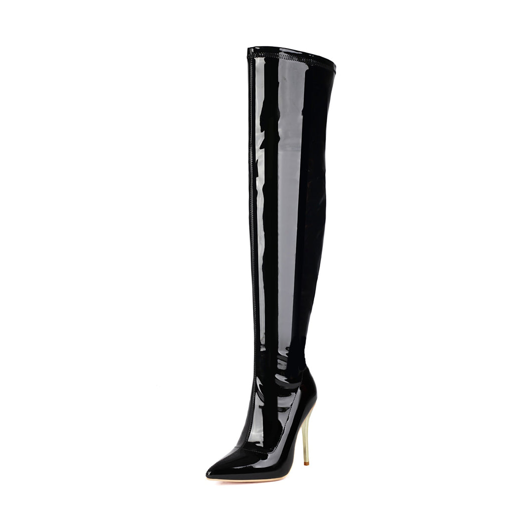 Women's Patent Leather Over-the-Knee Stiletto Boots | Pointed Toe Side Zipper