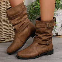 Load image into Gallery viewer, Women's Retro Distressed Barrel Boots | Metal Buckle Mid-Calf Suede Boots with Square Heel