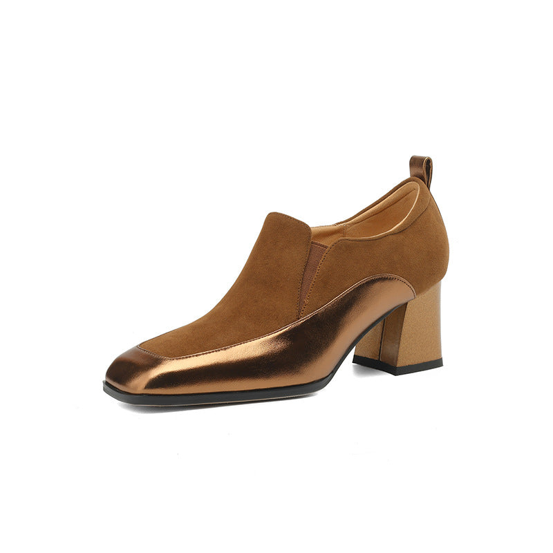 Women's Retro Square-Toe Chunky Heel Dress Shoes - Genuine Leather High Heels