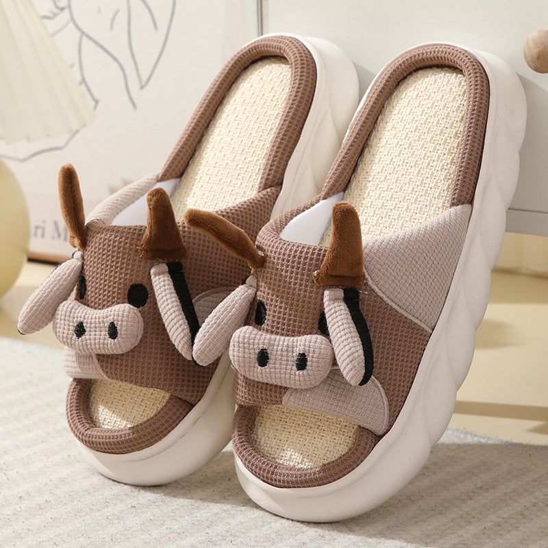 Cartoon Cow Frog Slippers | Linen Non-Slip Breathable Indoor Garden Shoes
