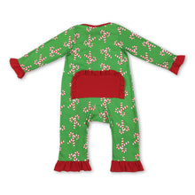 Load image into Gallery viewer, Green candy cane baby girls Christmas zipper romper