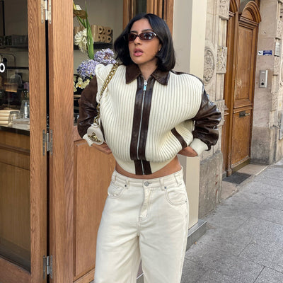 Fashionable Chic Knit-and-leather Patchwork Jacket