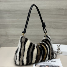 Load image into Gallery viewer, Handheld Plush Baguette Bag – Mink Fur &amp; Synthetic Leather Mini Handbag