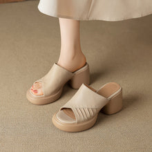 Load image into Gallery viewer, Women's Ruched Block Heel Slides | Open-Toe Lambskin Leather Mules