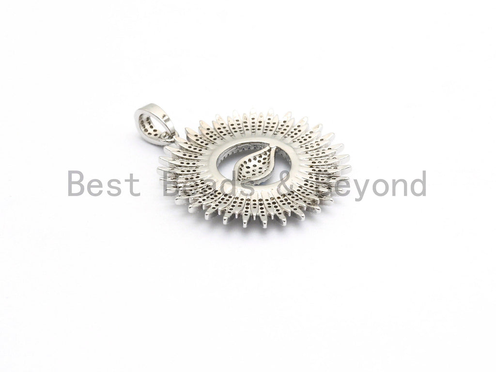 Large CZ Micro Pave Flower With Blue Evil Eye Pendant, Cubic Zirconia Paved Charm/Focal Pendant, Necklace Charm Pendant, 36x39mm,sku#F556