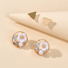 Load image into Gallery viewer, White Floral Stud Earrings Gold Triangle Earrings Set Elegant Jewelry Collection