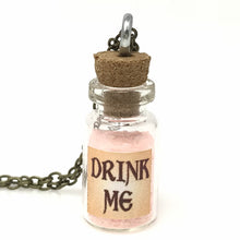 Load image into Gallery viewer, Drink Me Bottle Necklace Glass Vial Fantasy Jewelry Aqua Blue Rusty Glow in the Dark