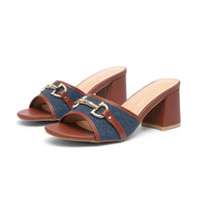 Load image into Gallery viewer, Women's Chunky Heel Square-Toe Slip-On Sandals | PU Upper Brown Platform
