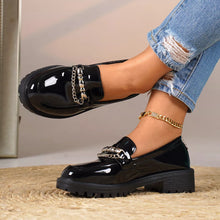 Load image into Gallery viewer, Women's Chain Embellished Round Toe Loafers – Mid Heel, PU Leather, Slip-On
