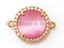 Load image into Gallery viewer, Round Bezel Connector with Cat's Eye Stone, Gold Plated CZ Micro Pave Frame Connector, Cat's Eye /Topaz /White/Rose pink 14x19mm, sku#A77