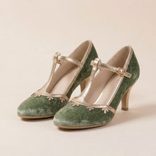 Load image into Gallery viewer, Women's Velvet Platform Heels | Petal T-Strap Stiletto Party Shoes