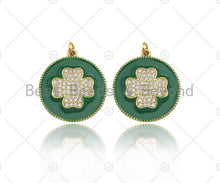 Load image into Gallery viewer, CZ Gold Clover On Green/Pink/Black/White/Red/Blue Enamel Round Coin Shape Pendant, 18K Gold Enamel Charm, Enamel Jewelry, 25x28mm,Sku#B131