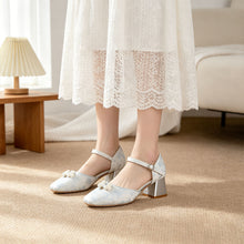 Load image into Gallery viewer, Women's Jacquard Platform Heels | Pearl Bow Square-Toe Chunky Heel Shoes